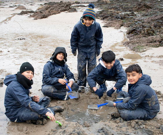 Five boys digging on a beach